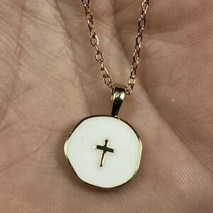 Gold and White Small Enamel Cross Pendant Necklace